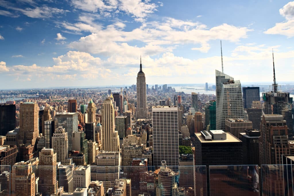 "A classic high contrast view toward lower Manhattan, New York City, from the top of Rockefeller Center."