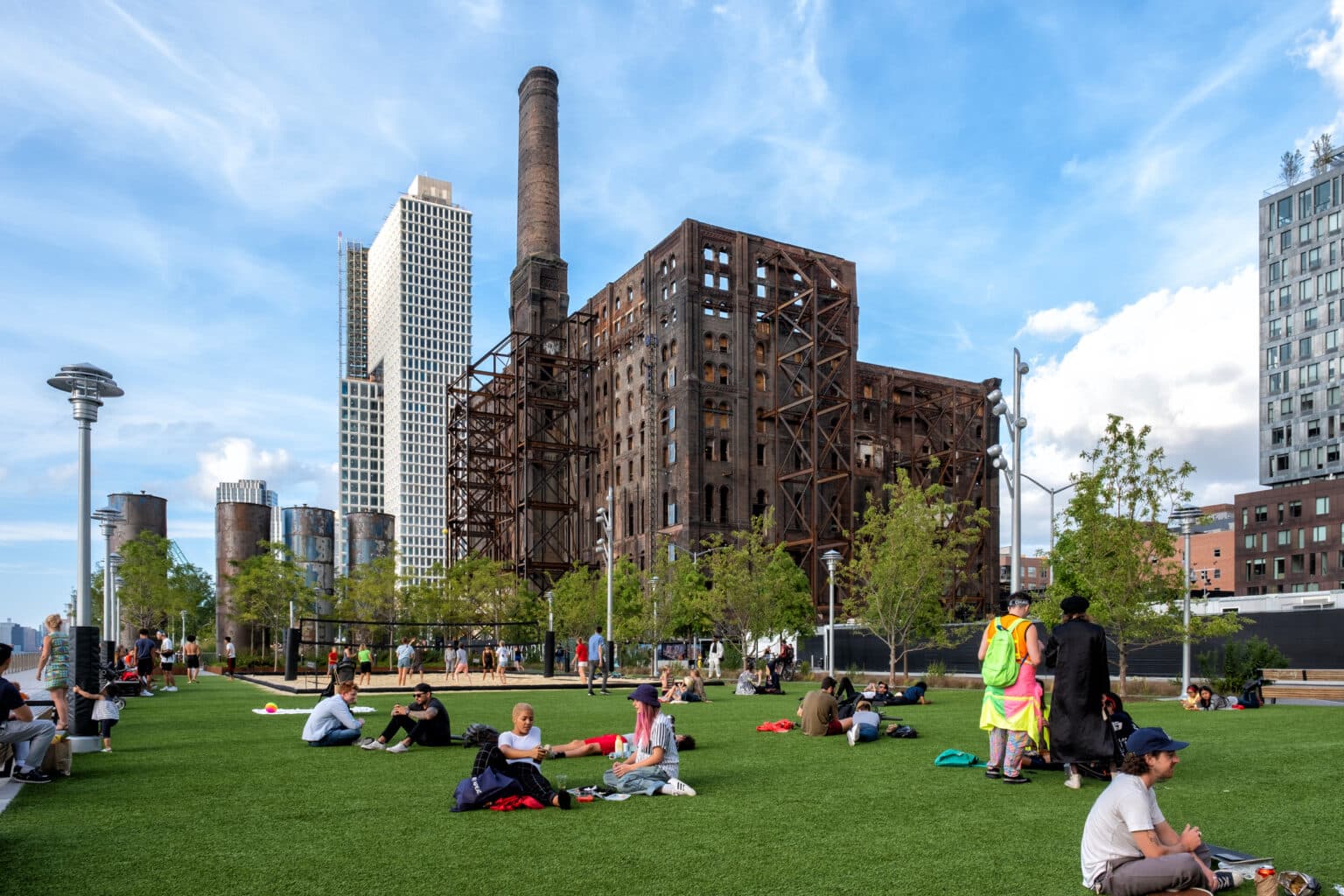 Brooklyn NY - USA - Aug 26 2019: Domino Park in Williamsburg Brooklyn, Old sugar factory