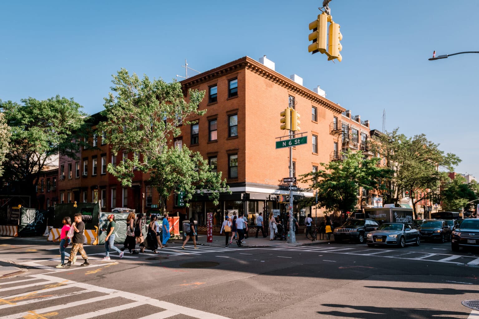 Williamsburg, Brooklyn, United States - June 23 , 2019: People are walking along Bedford Avenue in Williamsburg, Brooklyn on a beautiful weekend afternoon.