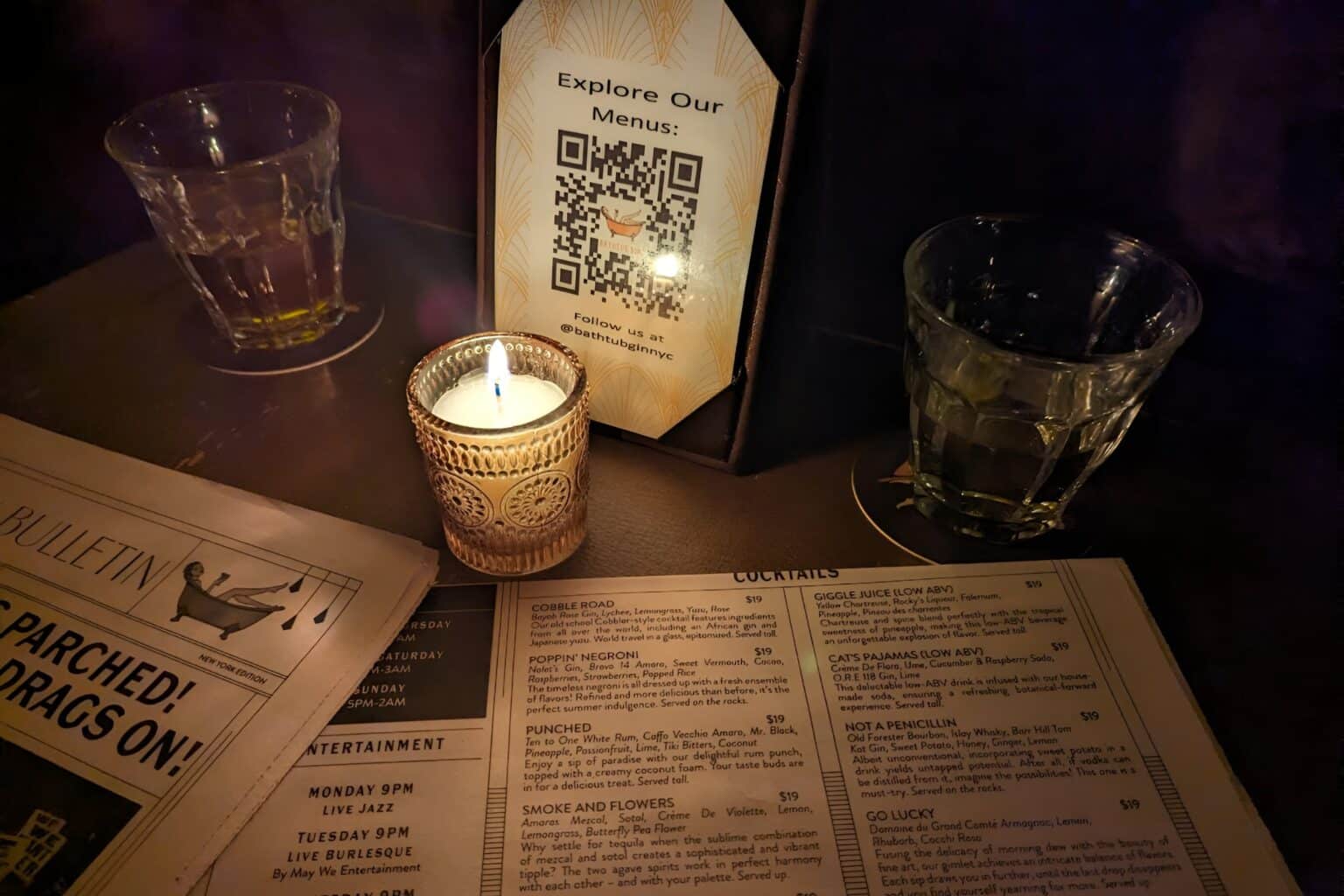 bathtub gin table menu